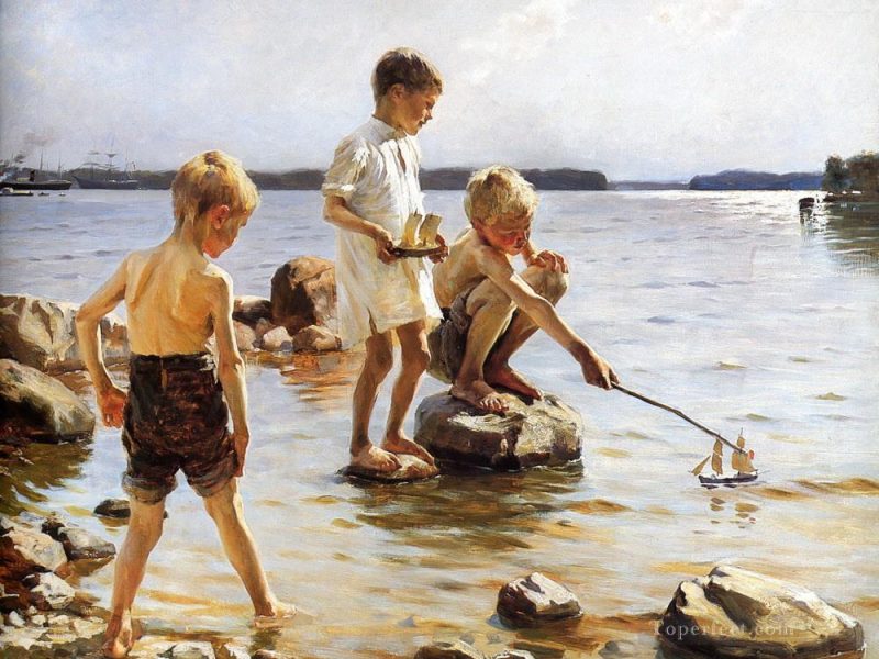 5-Boys-Playing-at-the-beach-Child-impressionism
