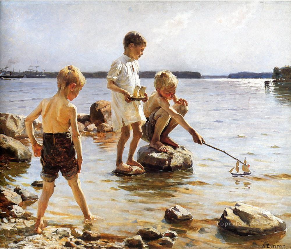5-Boys-Playing-at-the-beach-Child-impressionism